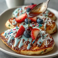 Fluffy, colorful Easter Egg Pancakes adorned with sprinkles and glaze, ready for a festive brunch.