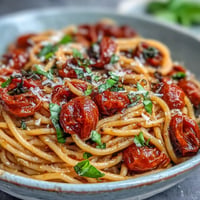 Summery Cherry Tomato Confit Pasta dish with glistening roasted tomatoes and fresh basil.