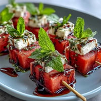 Bright watermelon feta bites, a cool, easy appetizer on toothpicks.
