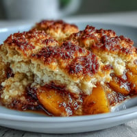 Golden, bubbly Peach Cobbler with Biscuit Topping, a warm Southern comfort dessert.