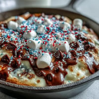 Golden, melted marshmallows top gooey chocolate in a cast iron for 4th of July S'mores Dip.